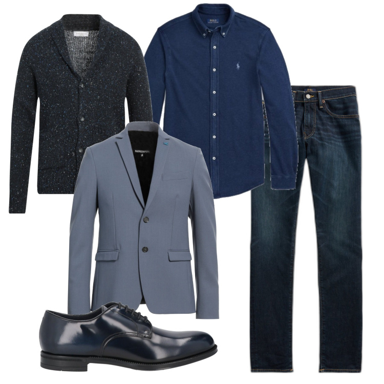 Outfit uomo - Bello in blu. Stile Urban per Serata speciale. Abbinamento con cardigans, scarpe stringate, giacche, camicie, jeans skinny.