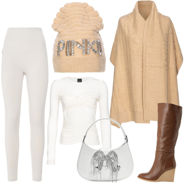 Outfit donna - Total look #1820251. Stile Trendy per Tutti i giorni. Abbinamento con stivali, sciarpe, maglieria, berretti, leggings, borse a mano.