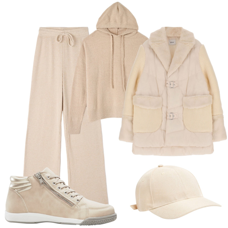 Outfit donna - Mattinate sportive ma fredde. Stile Casual per Tutti i giorni. Abbinamento con sneakers alte, cappelli, pantaloni, maglieria, blazer.