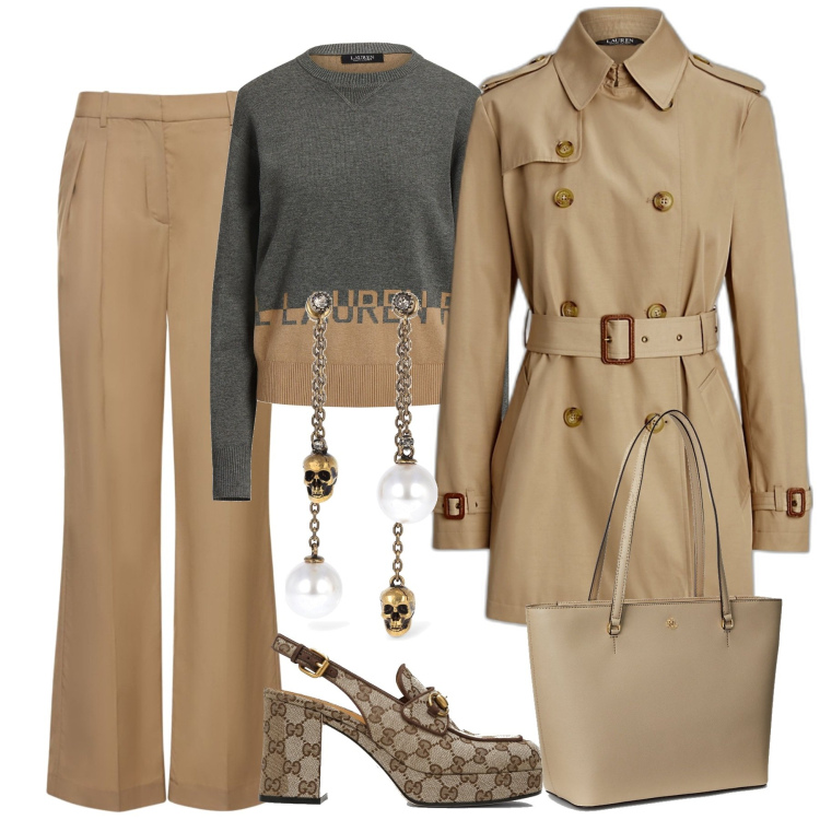 Outfit donna - Le scarpe Gucci. Stile Chic per Tutti i giorni. Abbinamento con pullovers, borse tote, trench, sabot, orecchini, pantaloni.