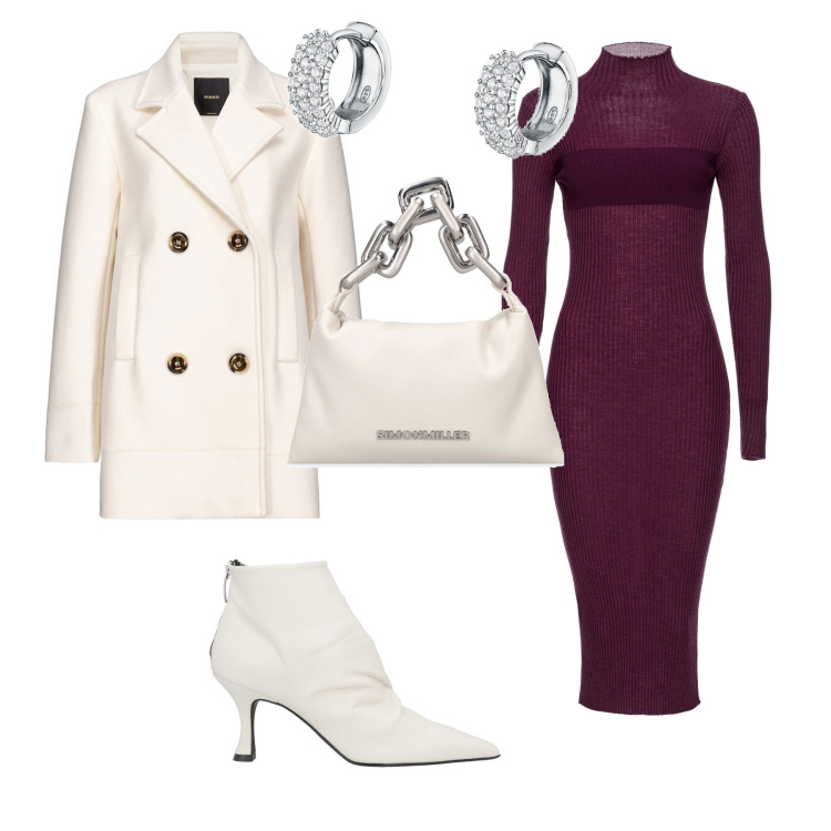 Outfit donna - Eleganza bianco bordeaux. Stile Chic per Tutti i giorni. Abbinamento con stivaletti, orecchini, vestiti lunghi, cappotti, borse a mano.