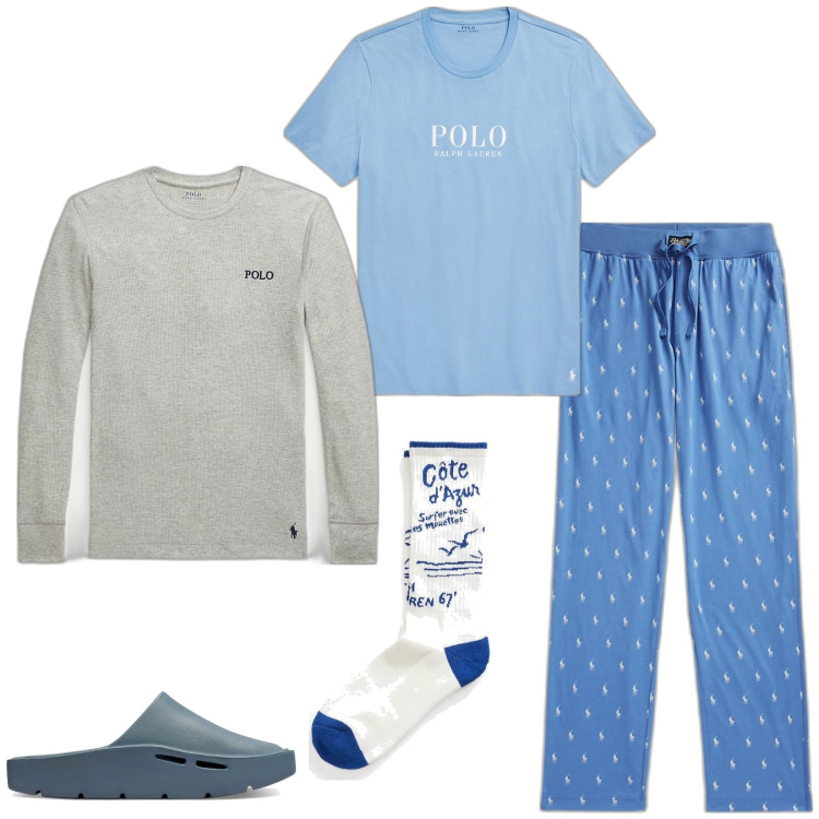 Outfit uomo - Relax totale. Stile Casual per Tutti i giorni. Abbinamento con t-shirt, maglieria, calzini, pantaloni, pantofole.