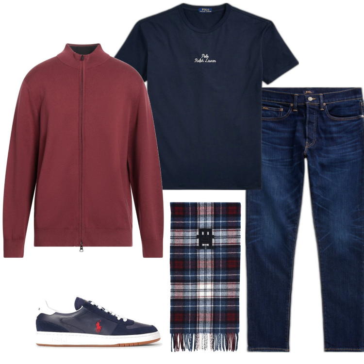 Outfit uomo - Total look #1820302. Stile Casual per Tutti i giorni. Abbinamento con cardigans, sciarpe, t-shirt, jeans, scarpe sportive.