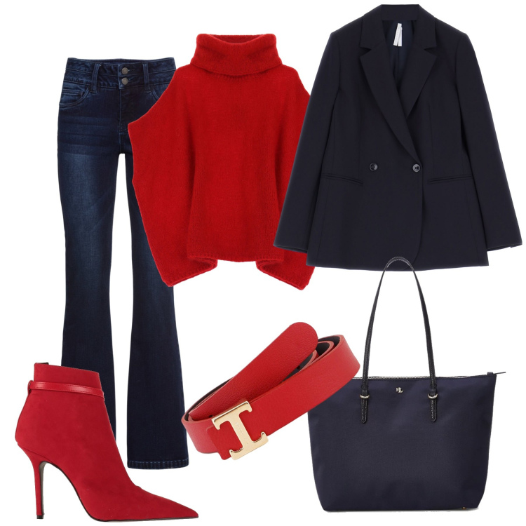 Outfit donna - Rosso fuoco nel blu notte. Stile Casual chic per Tutti i giorni. Abbinamento con jeans bootcut, stivaletti, giacche, cinture, maglieria, borse tote.