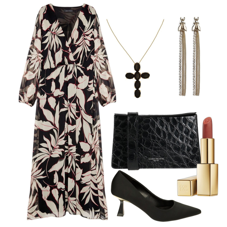 Outfit donna - Ghost outfitter - febbraio. Stile Glamour per Serata fuori. Abbinamento con collane, borse a tracolla, orecchini, rossetti, décolleté, vestiti lunghi.