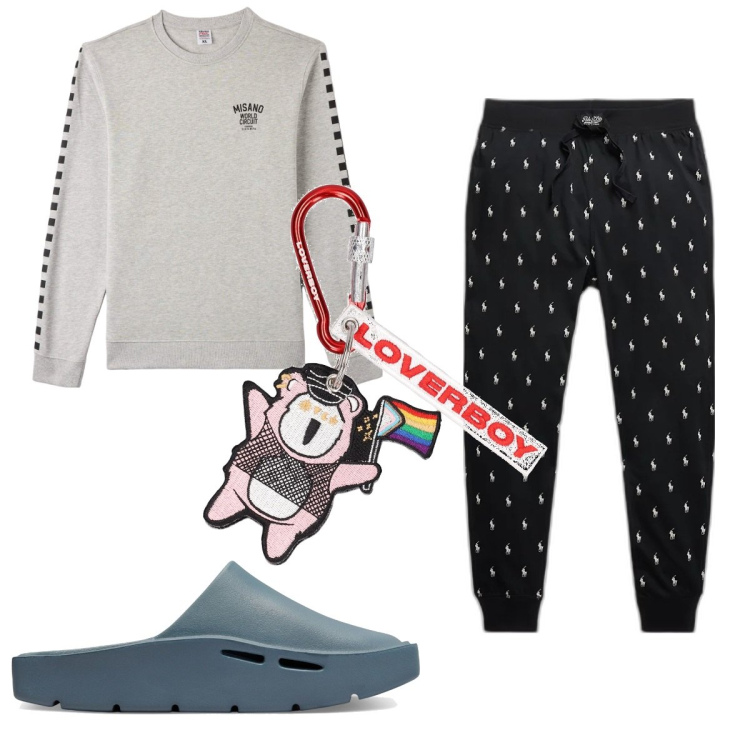 Outfit uomo - Total look #1820330. Stile Trendy per Tutti i giorni. Abbinamento con felpe, pantaloni, pantofole, portachiavi.