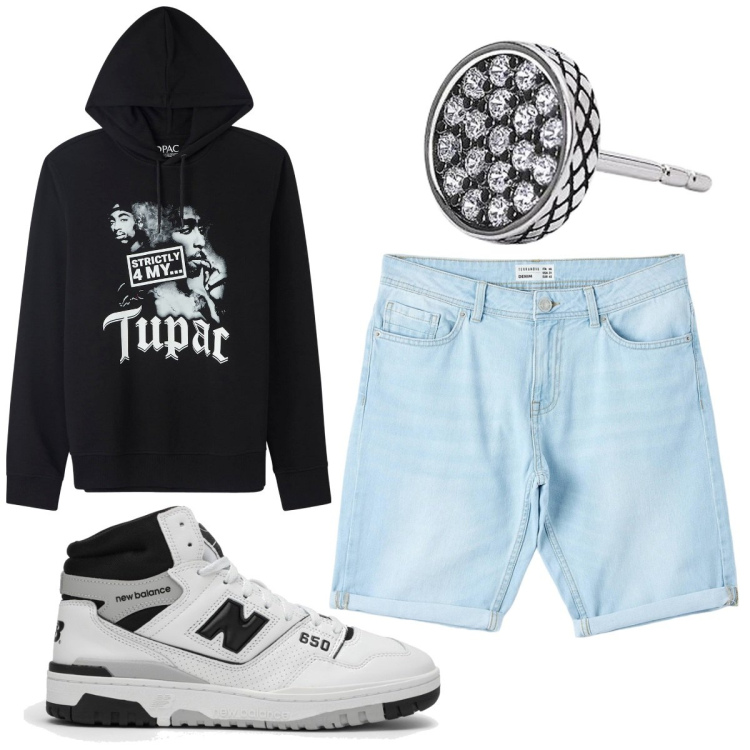 Outfit uomo - Total look #1820340. Stile Urban per Tutti i giorni. Abbinamento con bermuda, felpe con cappuccio, orecchini, sneakers alte.