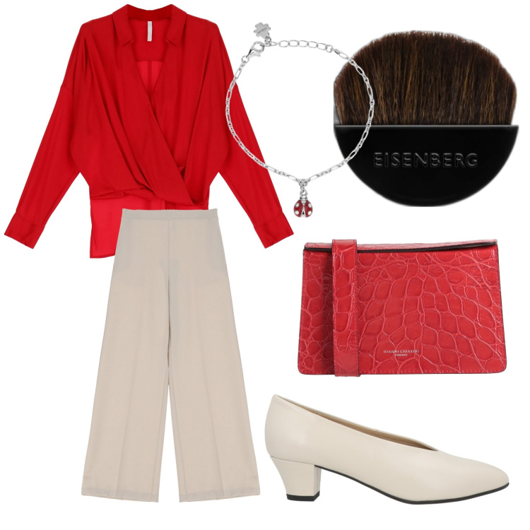 Outfit donna - Total look #1820358. Stile Chic per Serata fuori. Abbinamento con décolleté, borse a tracolla, ciprie, braccialetti con ciondoli, camicie, pantaloni a palazzo.