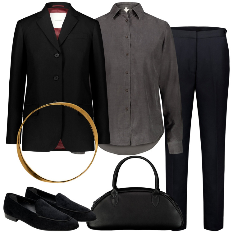 Outfit donna - Minimal maschile. Stile Mannish per Ufficio. Abbinamento con pantaloni, mocassini, blazer, camicie, braccialetti, borse a spalla.