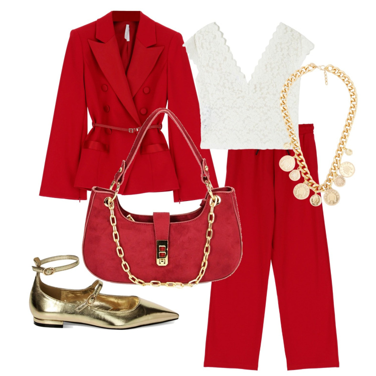 Outfit donna - Ghost outfitter - febbraio. Stile Glamour per Cerimonia. Abbinamento con t-shirt, pantaloni, blazer, borse a spalla, ballerine, collane.
