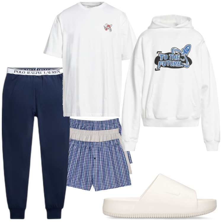 Outfit uomo - Domenica pomeriggio. Stile Casual per Tutti i giorni. Abbinamento con boxer, felpe con cappuccio, t-shirt, pantaloni, sandali.