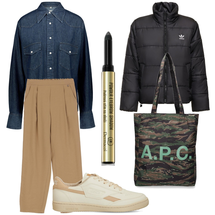 Outfit donna - Revers. Stile Trendy per Tutti i giorni. Abbinamento con eyeliner, pantaloni, piumini, camicie, sneakers, shopping bag.