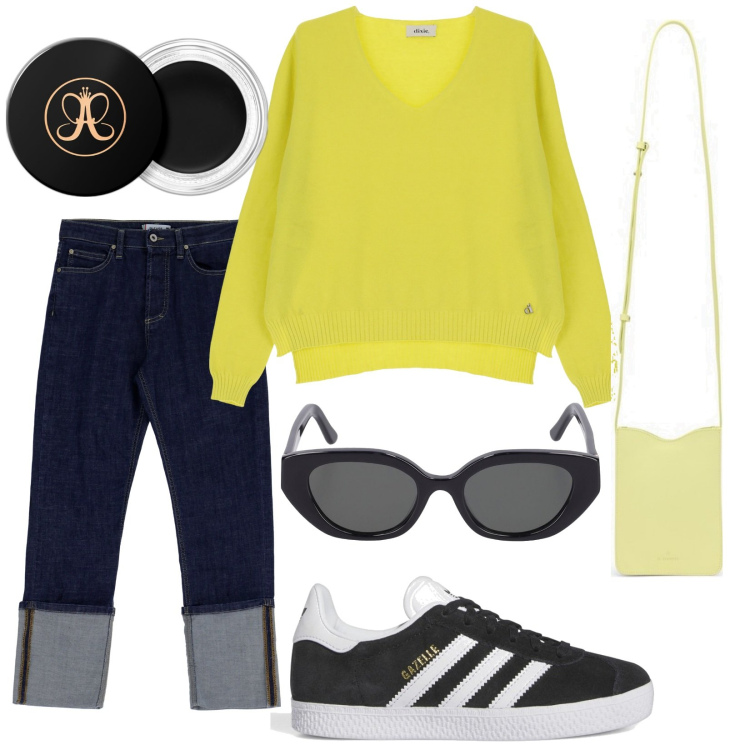 Outfit donna - Total look #1820387. Stile Trendy per Tutti i giorni. Abbinamento con ombretti, jeans slim fit, pullovers, sneakers, borse a tracolla, occhiali da sole.