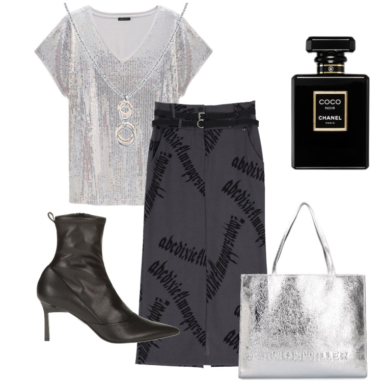 Outfit donna - Con un tocco di Chanel. Stile Glamour per Serata fuori. Abbinamento con stivaletti, collane, profumi, gonne lunghe, shopping bag, t-shirt.