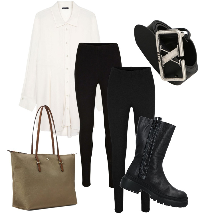 Outfit donna - Il camicione bianco. Stile Urban per Tutti i giorni. Abbinamento con leggings, stivaletti, cinture, borse tote, camicie.