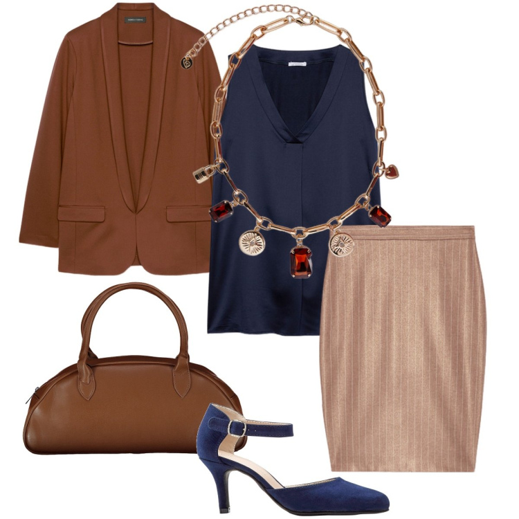Outfit donna - La gonna gessata. Stile Bon Ton per Ufficio. Abbinamento con décolleté, gonne, top, blazer, collane, borse a spalla.