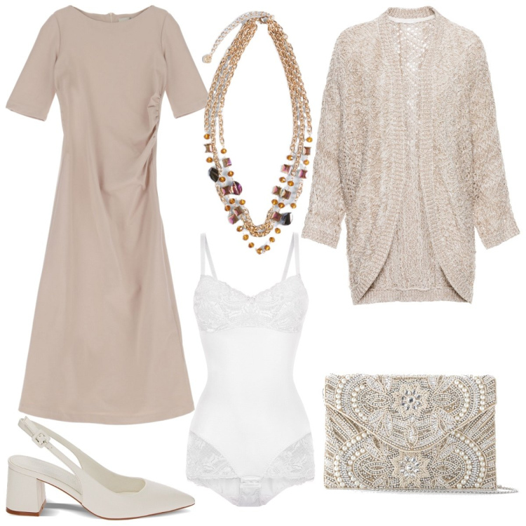 Outfit donna - Cerimonia in neutro low cost. Stile Chic per Cerimonia. Abbinamento con pochette, cardigans, body, décolleté, vestiti midi/longuette, collane.