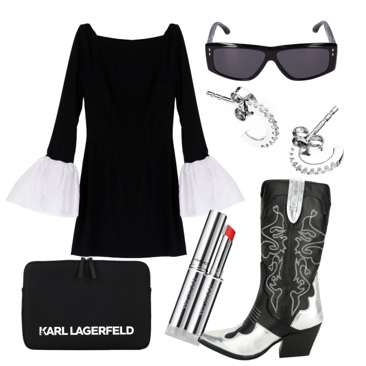 Outfit donna - Ghost outfitter - febbraio. Stile Glamour per Tutti i giorni. Abbinamento con orecchini, borse a mano, rossetti, vestiti, stivali, occhiali da sole.