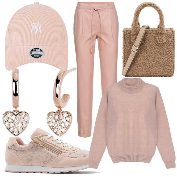 Outfit donna - Giovane spensierata. Stile Urban per Tutti i giorni. Abbinamento con pantaloni, sneakers, shopping bag, orecchini, maglieria, cappelli.