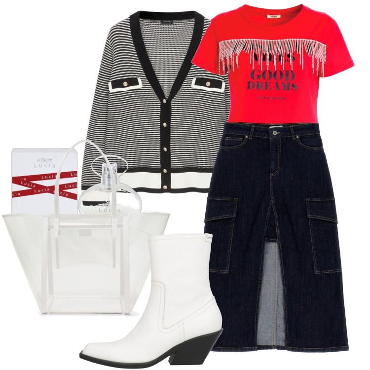 Outfit donna - Total look #1820468. Stile Casual per Tutti i giorni. Abbinamento con stivaletti, profumi, t-shirt, gonne, borse tote, cardigans.