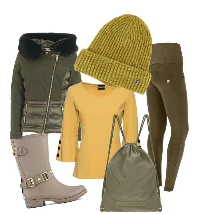 Outfit donna - Giallo…mimosa. Stile Casual chic per Scuola/Università. Abbinamento con maglieria, blazer, pantaloni skinny, zaini, berretti, stivali.