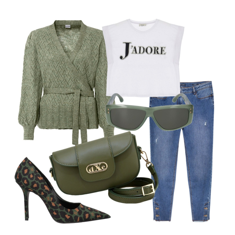 Outfit donna - Ghost outfitter - febbraio. Stile Casual chic per Tutti i giorni. Abbinamento con maglieria, décolleté, pochette, t-shirt, occhiali da sole, jeans strappati.
