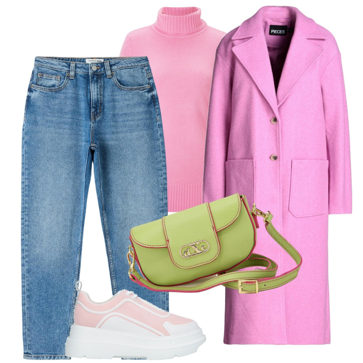 Outfit donna - Total look #1820483. Stile Urban per Tutti i giorni. Abbinamento con maglieria, sneakers, cappotti, jeans mom, pochette.