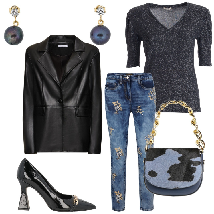 Outfit donna - Dettagli preziosi. Stile Glamour per Serata fuori. Abbinamento con jeans, borse a mano, décolleté, orecchini, t-shirt, blazer.