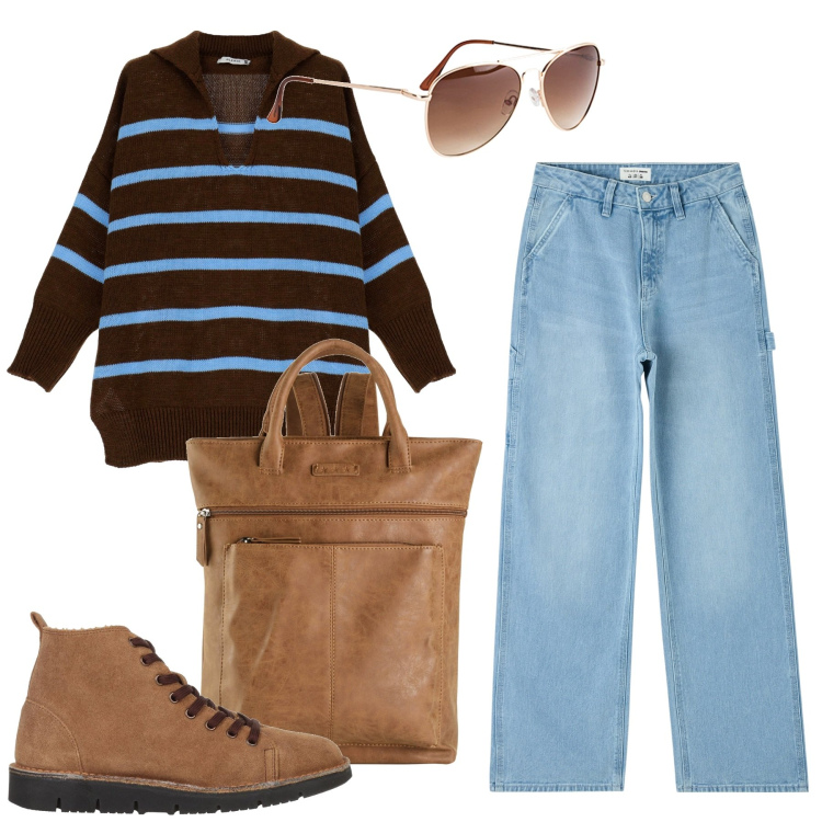 Outfit donna - City Università. Stile Casual per Scuola/Università. Abbinamento con zaini, occhiali da sole, stivaletti, jeans, maglieria.