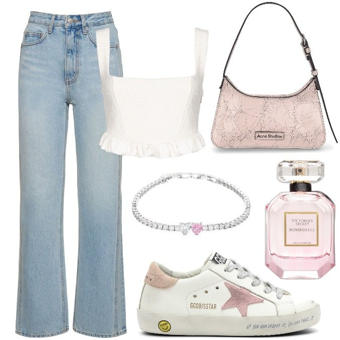 Outfit donna - Total look #1820508. Stile Chic per Tutti i giorni. Abbinamento con braccialetti, profumi, top, sneakers, jeans dritti, borse a spalla.
