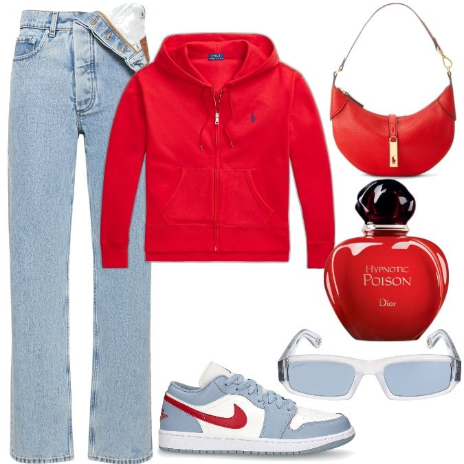 Outfit donna - Total look #1820510. Stile Urban per Tutti i giorni. Abbinamento con profumi, borse a spalla, felpe con cappuccio, sneakers, occhiali da sole, jeans.