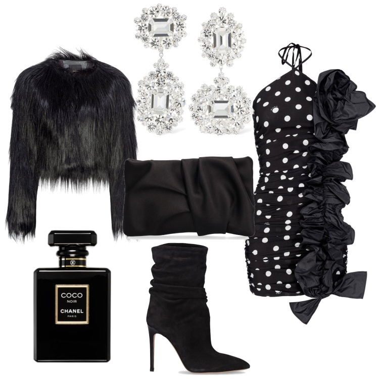 Outfit donna - Coco Chanel. Stile Glamour per Serata fuori. Abbinamento con profumi, vestiti lunghi, blazer, pochette, stivaletti, orecchini.