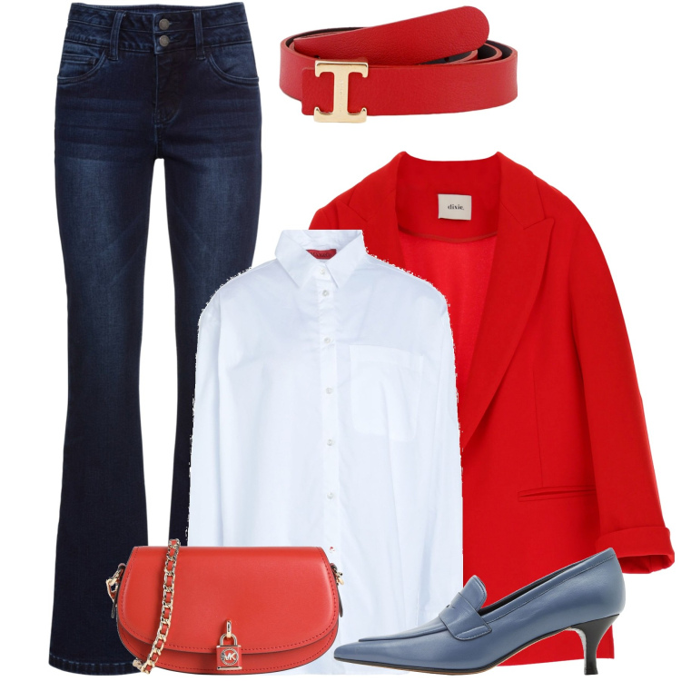 Outfit donna - City. Stile Casual chic per Tutti i giorni. Abbinamento con jeans bootcut, mocassini, borse a tracolla, camicie, cinture, blazer.