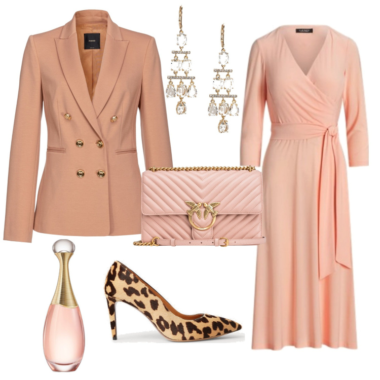 Outfit donna - Dior rosa pesca. Stile Bon Ton per Cerimonia. Abbinamento con profumi, blazer, borse a tracolla, vestiti, décolleté, orecchini.