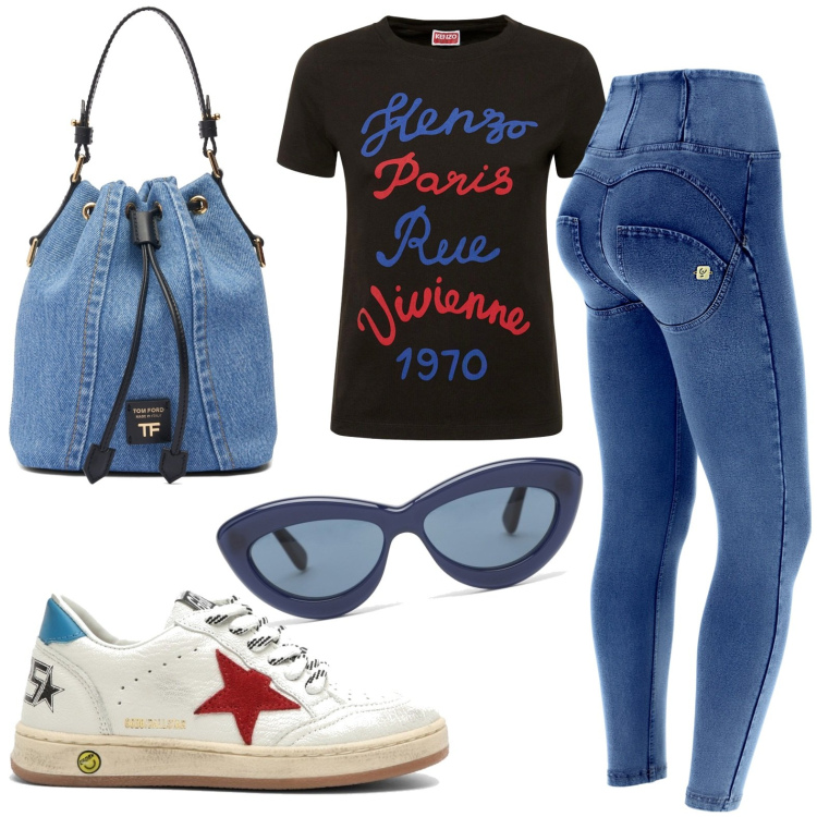 Outfit donna - La borsa di jeans. Stile Casual per Tutti i giorni. Abbinamento con jeggings, t-shirt, borse a secchiello, sneakers, occhiali da sole.