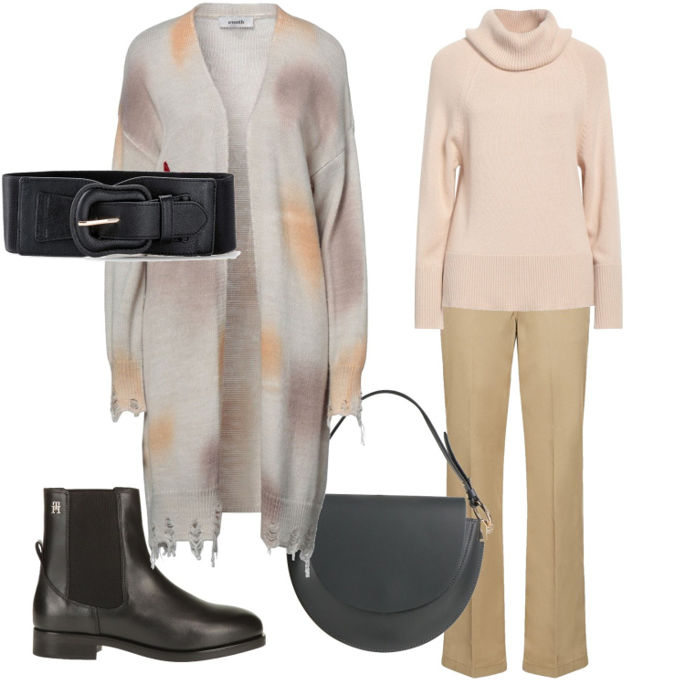 Outfit donna - Cintura sul cardigan. Stile Casual per Tutti i giorni. Abbinamento con cinture, cardigans, maglieria, stivaletti chelsea, borse a mano, pantaloni.