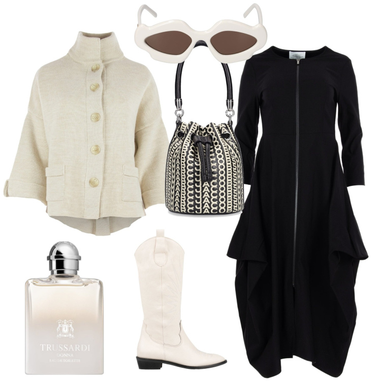 Outfit donna - Crema e nero a passeggio. Stile Casual chic per Tutti i giorni. Abbinamento con stivali, profumi, vestiti midi/longuette, blazer, borse a secchiello, occhiali da sole.