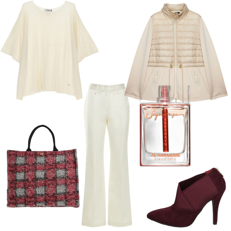 Outfit donna - Signature Red. Stile Chic per Tutti i giorni. Abbinamento con borse a mano, stivaletti, profumi, maglieria, piumini, pantaloni.