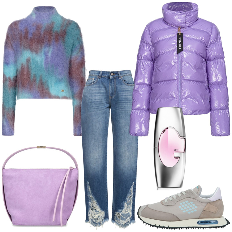 Outfit donna - Urban street style. Stile Urban per Tutti i giorni. Abbinamento con sneakers, profumi, piumini, maglieria, jeans, borse a mano.