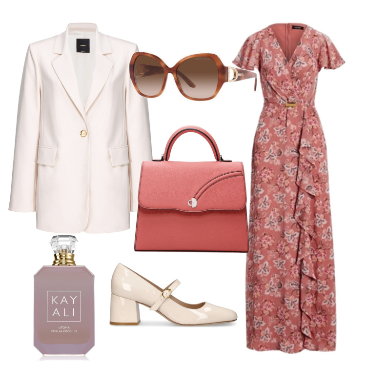 Outfit donna - Primavera in ufficio. Stile Romantica per Ufficio. Abbinamento con profumi, blazer, vestiti, occhiali da sole, décolleté, borse a mano.