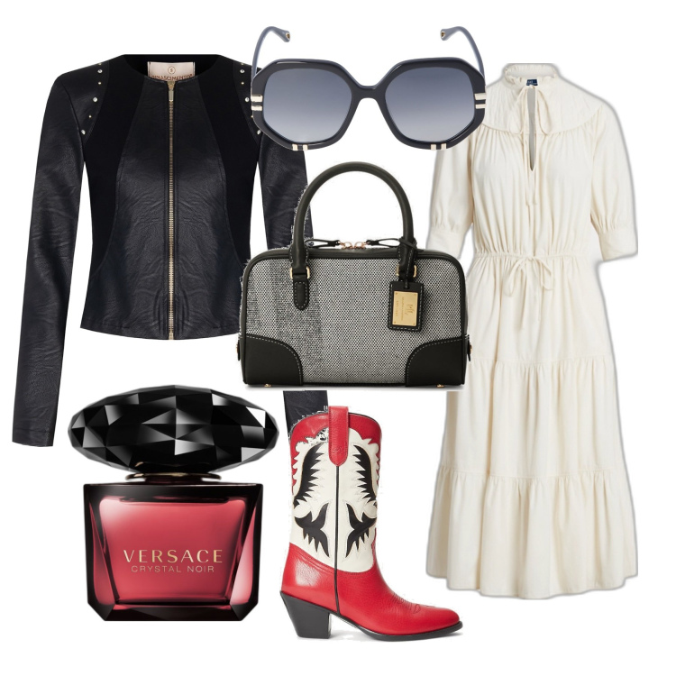 Outfit donna - Boho rock. Stile Boho per Tutti i giorni. Abbinamento con profumi, blazer, stivaletti texani, borse a mano, vestiti, occhiali da sole.