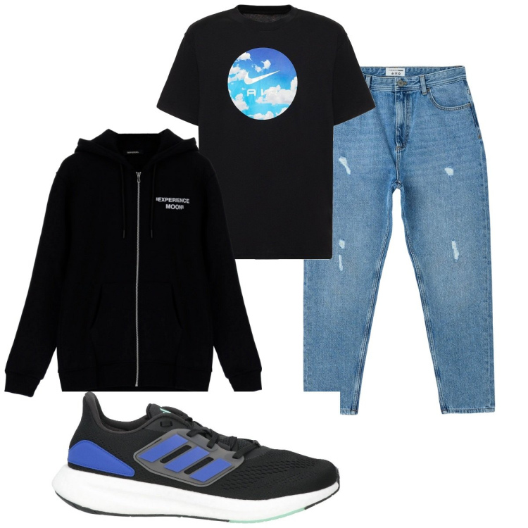 Outfit uomo - Total look #1820579. Stile Casual per Tutti i giorni. Abbinamento con sneakers, jeans strappati, felpe con cappuccio, t-shirt.