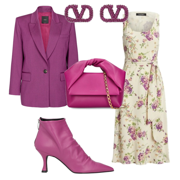 Outfit donna - Primavera. Stile Romantica per Cerimonia. Abbinamento con stivaletti, blazer, vestiti senza maniche, orecchini, borse a mano.