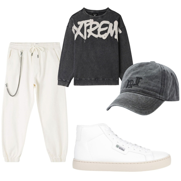 Outfit uomo - Total look #1820600. Stile Urban per Tutti i giorni. Abbinamento con sneakers alte, pantaloni sportivi, felpe, cappelli.