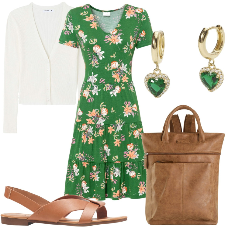 Outfit donna - Romantica in fiore. Stile Romantica per Tutti i giorni. Abbinamento con zaini, sandali, vestiti, cardigans, orecchini.