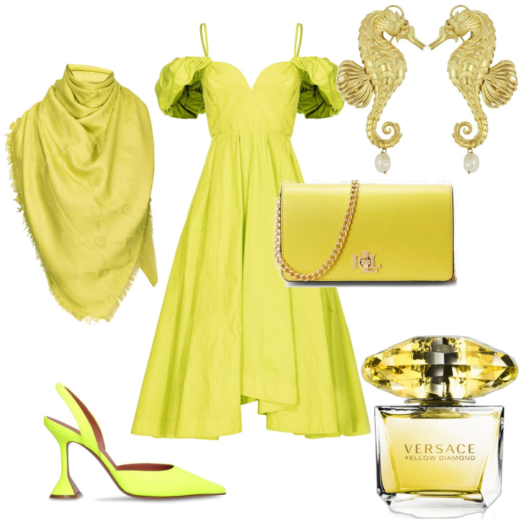 Outfit donna - Evento glamour in giallo. Stile Glamour per Serata fuori. Abbinamento con orecchini, profumi, vestiti midi/longuette, sciarpe, borse a mano, décolleté.