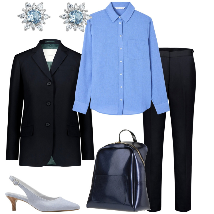 Outfit donna - Blù in ufficio. Stile Casual chic per Tutti i giorni. Abbinamento con décolleté, zaini, camicie, orecchini, pantaloni, blazer.