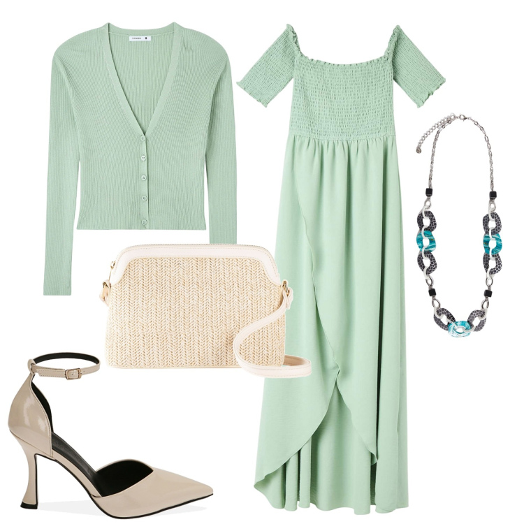 Outfit donna - Verde acqua. Stile Trendy per Serata fuori. Abbinamento con borse a tracolla, vestiti lunghi, cardigans, décolleté, collane.
