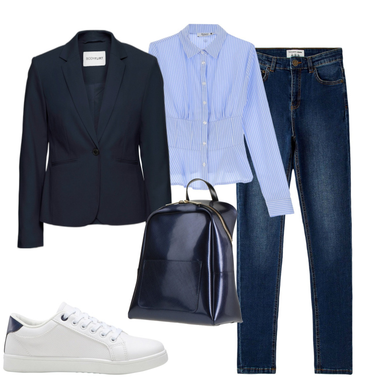 Outfit donna - City. Stile Casual chic per Tutti i giorni. Abbinamento con blazer, sneakers, zaini, jeans skinny, camicie.