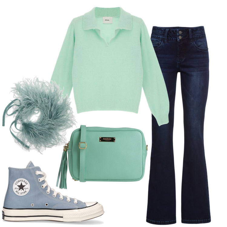 Outfit donna - Blu e verde. Stile Trendy per Tutti i giorni. Abbinamento con jeans bootcut, borse a tracolla, pullovers, sneakers, sciarpe.